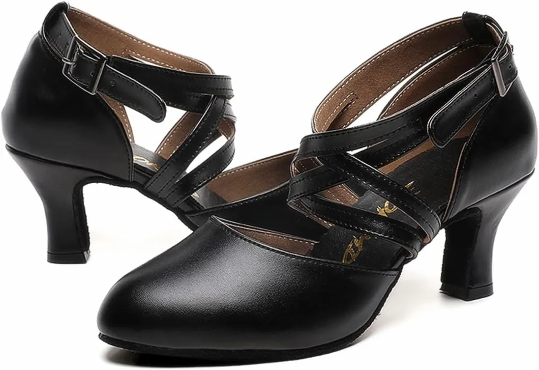 Womens Black Cross Strap Character Shoes Latin Salsa Ballroom Dance Heels Wedding Dress Pumps