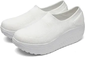 Women's Knitted Platform Slip On Walking Sneakers,Comfort Lightweight Arch Support Non Slip Casual Mesh Breathable Workout Work Shoes