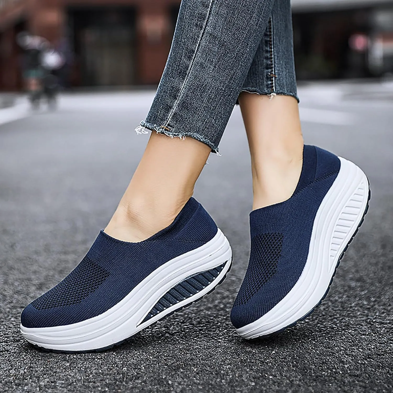 Women's Knitted Platform Slip On Walking Sneakers,Comfort Lightweight Arch Support Non Slip Casual Mesh Breathable Workout Work Shoes