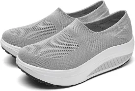 Women's Knitted Platform Slip On Walking Sneakers,Comfort Lightweight Arch Support Non Slip Casual Mesh Breathable Workout Work Shoes
