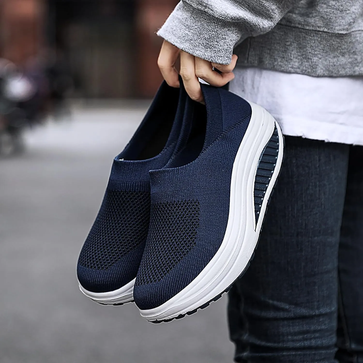 Women's Knitted Platform Slip On Walking Sneakers,Comfort Lightweight Arch Support Non Slip Casual Mesh Breathable Workout Work Shoes