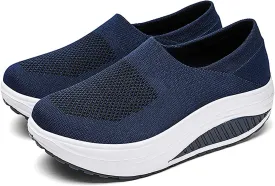 Women's Knitted Platform Slip On Walking Sneakers,Comfort Lightweight Arch Support Non Slip Casual Mesh Breathable Workout Work Shoes