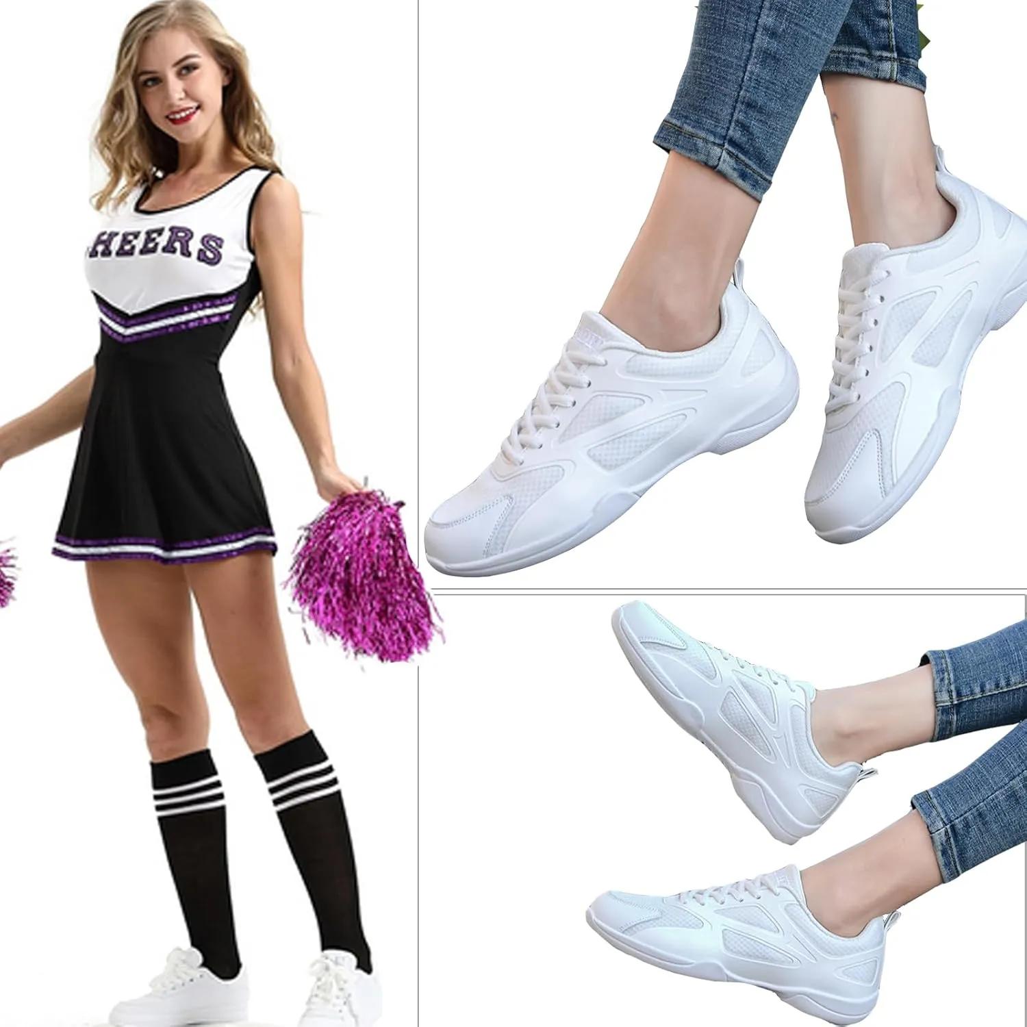 WUIWUIYU Youth Girls Cheer Shoes White Cheerleading Dance Shoes Athletic Training Tennis Walking Competition Sneakers